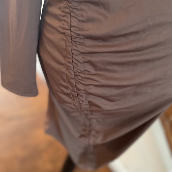 Elegant Brown Turtleneck Ruched Dress Soft Spandex Fabric - Picture 5 of 6